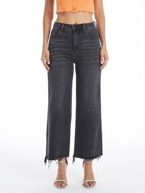 BAYEAS Faded Black Wide Leg Jeans High Rise Cropped Raw Hem Denim Size 30